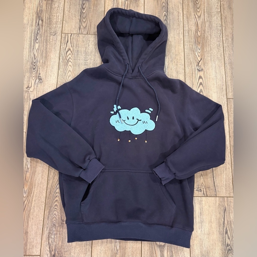 Elfric Eden Fleece Lined Hoodie Navy Blue Smiley Cloud Graphic Size S